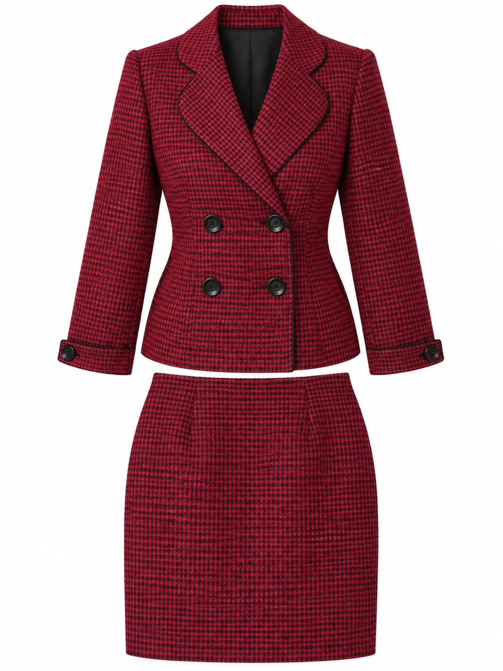 Sherri Martin Red Black Houndstooth 2 Piece Blazer & Skirt Suit Size 10